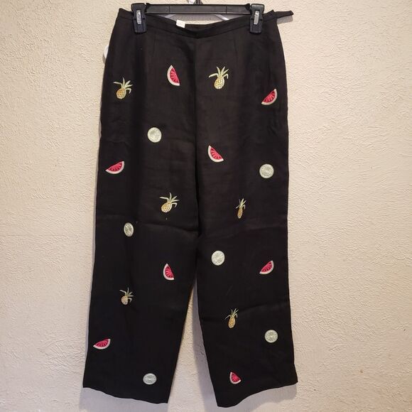Talbots Crop Pants 8 Women's Irish Linen Black Embroidered Printed Fruit High - Picture 2 of 9